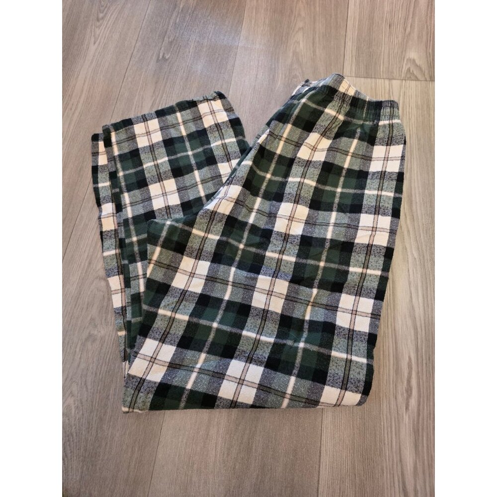 L.L. Bean Mens Green Plaid Flannel Lounge Pants Size L 100% Cotton Elastic Waist